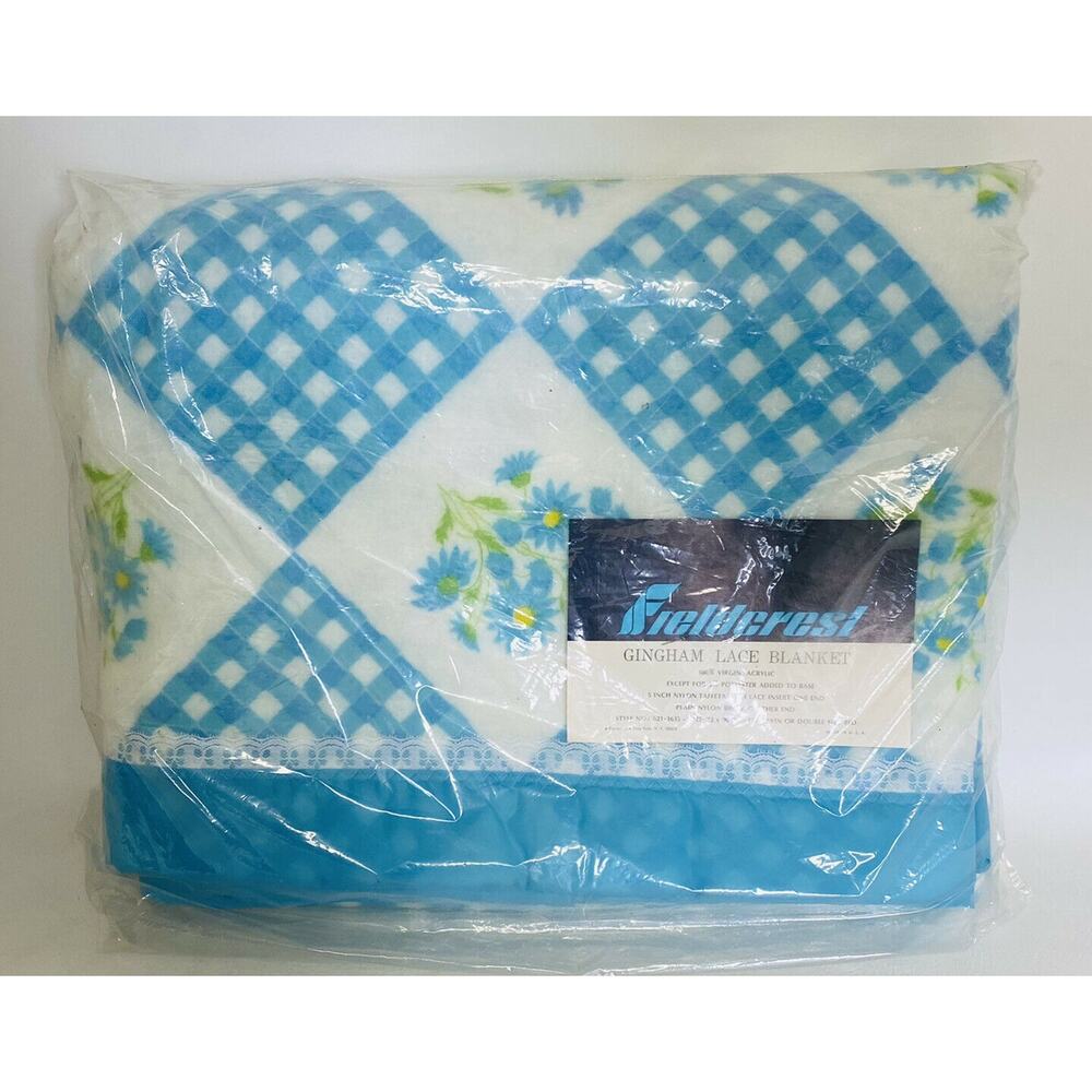 Vintage Fieldcrest Blanket Blue White‎ Yellow Floral Satin Lace Trim 90x72 New